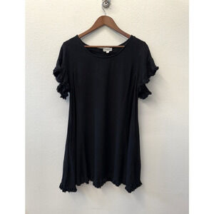 Umgee Babydoll Dress Womens Size L Black Linen Fringe Hem Beachy Boho Western